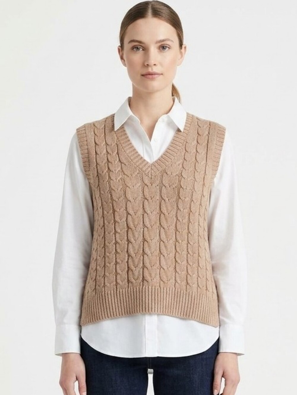 Cupcakes and Cashmere Tan Cable Knit V Neck High Low Sweater Vest Size Large
